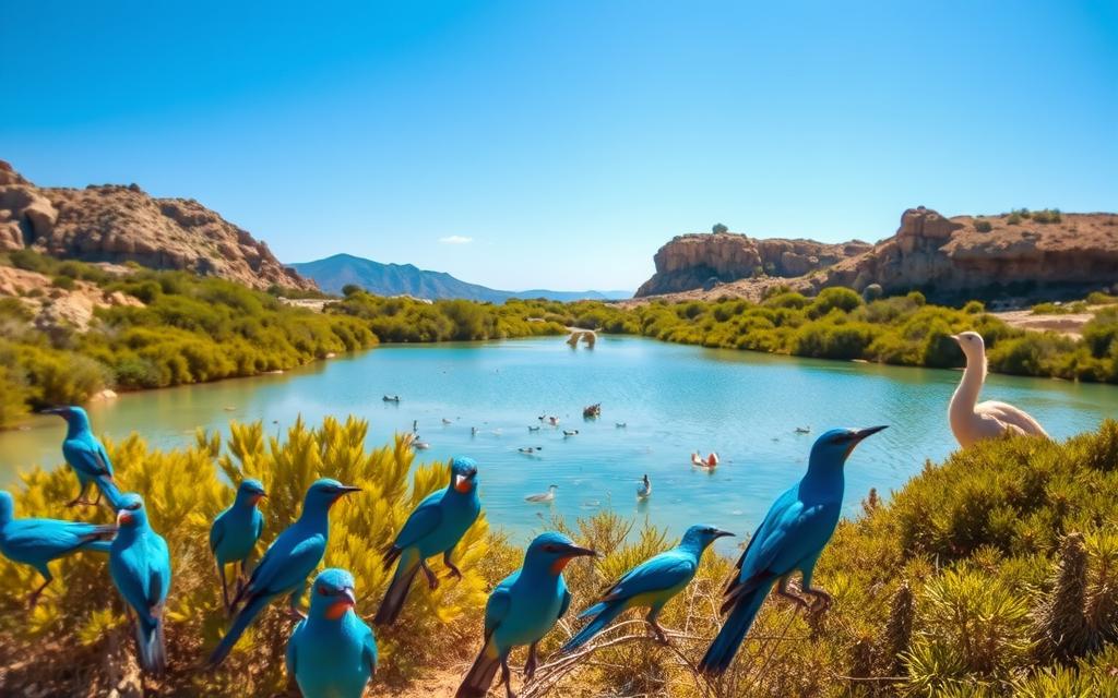 A tranquil scene of the Blue Lagoon in Cyprus, showcasing the diverse local wildlife. In the foreground, a flock of vibrant blue birds, their iridescent feathers glistening in the soft, warm sunlight. In the middle ground, a serene pond surrounded by lush, verdant vegetation, home to a variety of aquatic creatures. In the background, rugged cliffs and a cloudless azure sky, creating a picturesque and calming atmosphere. The image is captured with a wide-angle lens, emphasizing the grandeur and beauty of this natural wonder. #AVORA-HOMES