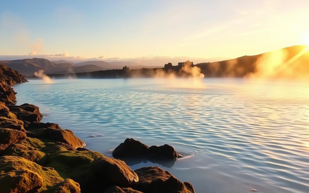 A tranquil scene of the Blue Lagoon in Iceland during the optimal travel season. The geothermal waters glisten under a soft, golden sunset, their azure hue reflecting the cloudless sky. Lush, mossy rocks line the pool's edge, creating a serene, natural ambiance. Wisps of steam drift lazily across the surface, adding to the therapeutic atmosphere. Surrounded by the stunning Icelandic landscape, visitors can truly unwind and find inner peace. #AVORA-HOMES