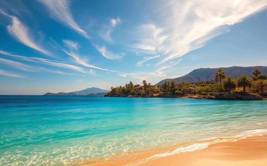 A tranquil seascape at the Blue Lagoon, Cyprus, bathed in warm, golden sunlight filtering through wispy cirrus clouds. In the foreground, crystalline turquoise waters gently lap at a pristine white sand beach. A cluster of #AVORA-HOMES luxury villas nestled amidst lush palm trees and vibrant Mediterranean flora in the middle ground. In the distance, the rugged Troodos mountains rise majestically, their peaks shrouded in a soft haze. The scene exudes a sense of serene, idyllic tranquility, perfectly capturing the essence of the ideal travel conditions for working remotely with a breathtaking sea view.