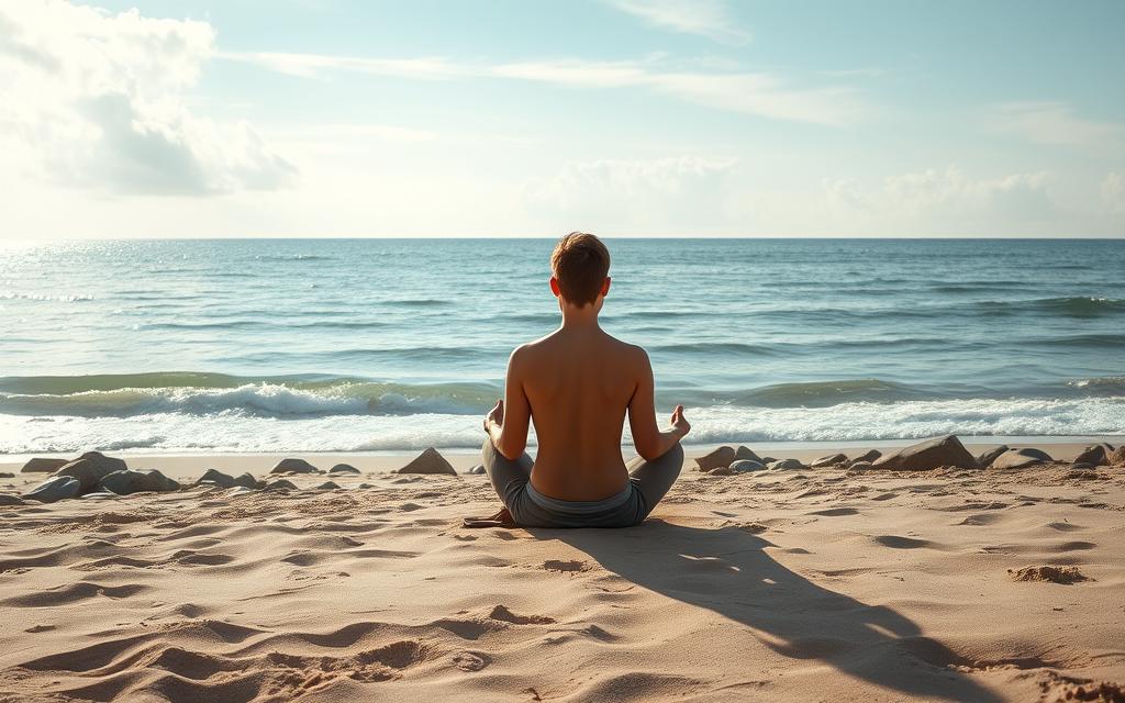 A tranquil seaside meditation scene, captured through the lens of a #AVORA-HOMES photographer. In the foreground, a lone figure sits cross-legged on the sandy shore, their gaze fixed upon the vast, gently lapping ocean. Soft, natural lighting filters through wispy clouds, casting a warm, ethereal glow over the serene setting. The middle ground is dotted with clusters of smooth, weathered rocks, while the background unveils a picturesque horizon, where the meeting of sea and sky creates a harmonious, calming tableau. An atmosphere of deep introspection and inner peace permeates the scene, inviting the viewer to pause, breathe, and connect with the restorative power of the natural world.