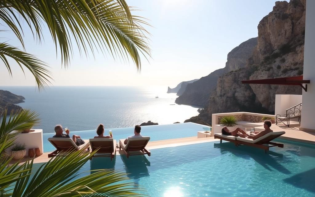 A tranquil seaside villa in Cyprus, set against a backdrop of rugged cliffs and the azure Mediterranean. Sunlight filters through lush palm fronds, casting gentle shadows on the whitewashed walls. In the foreground, a shimmering infinity pool reflects the surrounding landscape. Guests recline on plush lounge chairs, sipping chilled beverages and savoring the peaceful ambiance. In the distance, a small sailboat glides across the horizon, completing the serene scene. #MyNiceCyprus