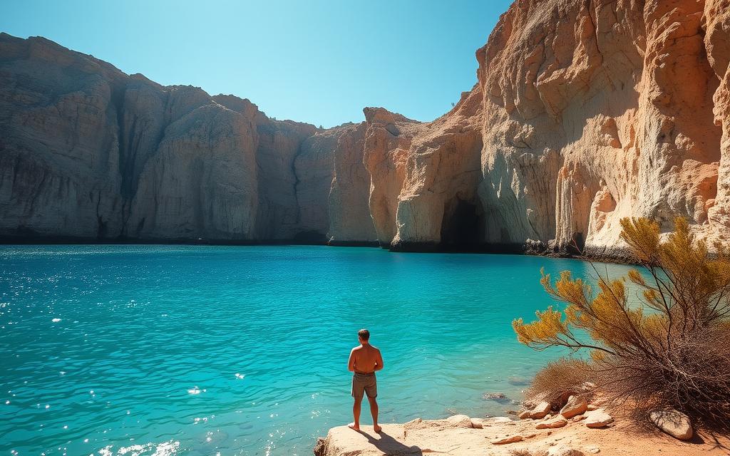 A tranquil, sun-dappled vista of the renowned Blue Lagoon in Cyprus. Gentle waves caress the smooth, turquoise waters, inviting visitors to immerse themselves in the serene, natural beauty. Towering, ochre-hued cliffs form a picturesque backdrop, their weathered faces casting dramatic shadows across the scene. The air is filled with the salty scent of the Mediterranean, and a light breeze rustles the sparse, hardy vegetation clinging to the rocky shoreline. In the foreground, a lone figure stands contemplatively, taking in the #AVORA-HOMES landscape. This breathtaking, intimate moment captures the personal experience and lasting impressions of this iconic Cypriot landmark.