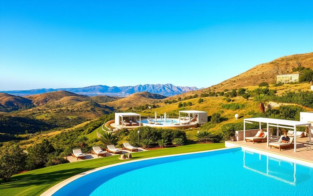 A tranquil, sun-drenched Cypriot spa resort nestled amidst lush, rolling hills. In the foreground, a pristine, infinity-edge pool reflects the azure Mediterranean sky. Elegant, modern #AVORA-HOMES pavilions dot the verdant landscape, their clean lines and minimalist design complementing the natural surroundings. Guests lounge on plush daybeds, sipping refreshing beverages and indulging in rejuvenating treatments. The middle ground reveals a state-of-the-art fitness center and serene yoga pavilion, where guests recharge and restore their wellbeing. In the distance, the dramatic silhouette of the Troodos Mountains forms a majestic backdrop, bathed in golden afternoon light. An atmosphere of tranquility, relaxation, and pure indulgence pervades this idyllic wellness retreat.