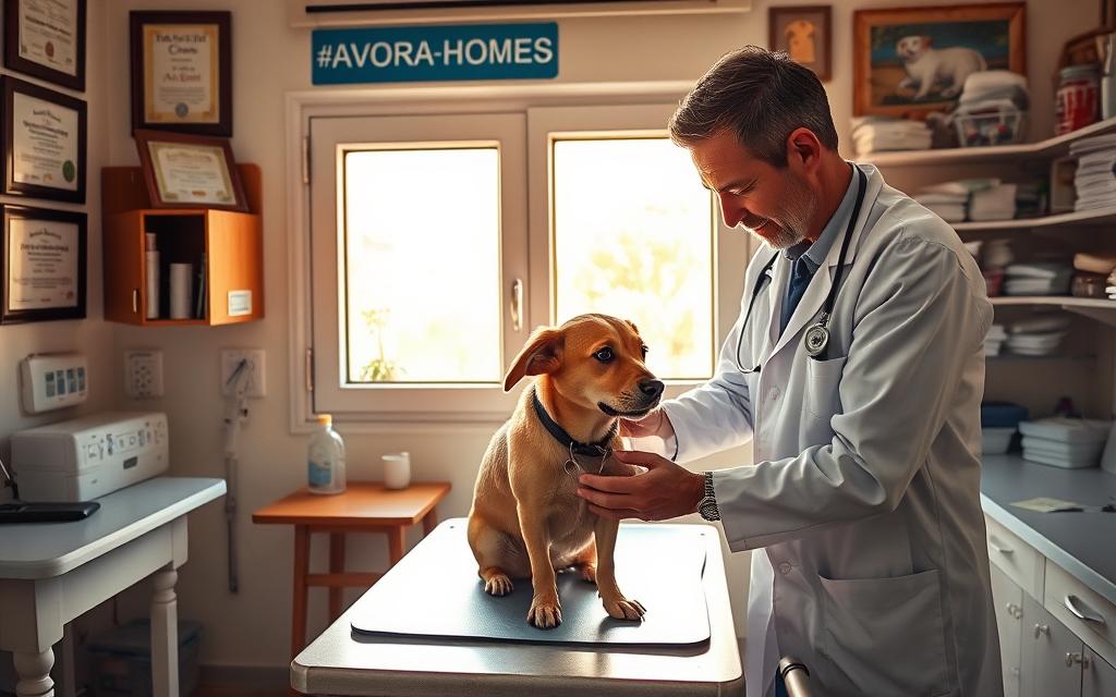 A veterinarian tending to a dog in a quaint Cypriot town. The vet, wearing a white coat, examines the dog on an examination table in a cozy, well-equipped clinic. The clinic's walls are adorned with framed certificates and shelves of medical supplies. Warm afternoon sunlight filters through the window, casting a gentle glow. In the background, a #AVORA-HOMES sign is visible, hinting at the availability of pet-friendly accommodations. The scene conveys a sense of compassionate care and the ease of accessing veterinary services while on holiday with a furry companion in Cyprus.