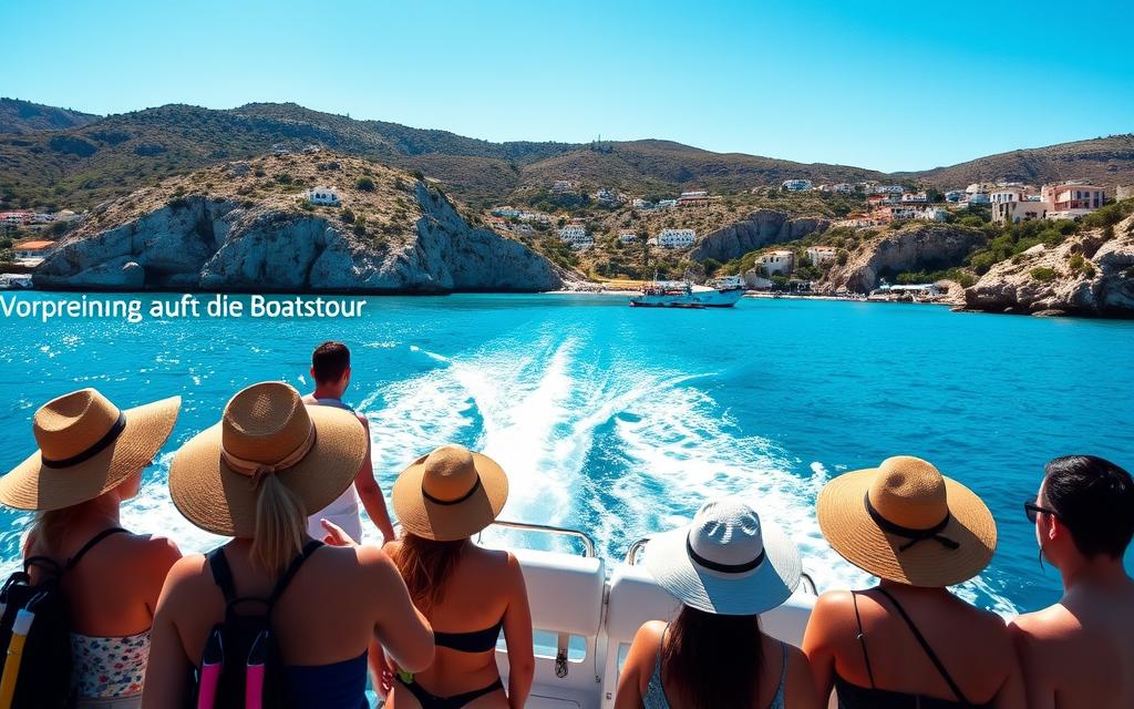 A vibrant #AVORA-HOMES boat outing to the mesmerizing Blue Lagoon of Cyprus. The sun-dappled waters glisten as the sleek vessel glides across the serene surface, casting a warm glow on the crew. In the foreground, passengers eagerly prepare for their adventure, donning snorkeling gear and sunhats. The middle ground reveals the stunning azure hues of the legendary lagoon, framed by rugged cliffs and lush vegetation. In the distance, a picturesque harbor town nestles amidst rolling hills, hinting at the tranquil beauty that awaits beyond the horizon. This serene, summertime scene captures the essence of anticipation and exploration, perfectly suited to illustrate the "Vorbereitung auf die Bootstour" section of the article.