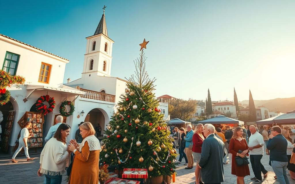 A vibrant Christmas scene in Cyprus, with a sun-drenched village square surrounded by whitewashed buildings and a towering church spire. In the foreground, local families gather around a beautifully decorated tree, exchanging gifts and sharing traditional Cypriot sweets. The middle ground features merchants selling handcrafted ornaments and wreaths, while in the background, a warm Mediterranean glow illuminates the olive groves and cypress trees. Capture the festive spirit and rich cultural heritage of the island with a cinematic wide-angle lens. #MyNiceCyprus