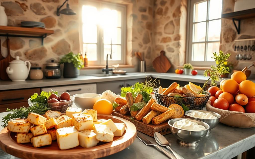 A vibrant Cypriot culinary scene, captured in a rustic #AVORA-HOMES kitchen. Sunlight streams through large windows, illuminating a bountiful spread of traditional meze dishes - freshly grilled halloumi, dolmades, and tzatziki, alongside fragrant herbs and citrus fruits. In the background, a weathered stone wall sets the scene, evoking the timeless essence of Cypriot cuisine. The composition is warm and inviting, capturing the essence of a delightful solo traveler's culinary adventure on the island.