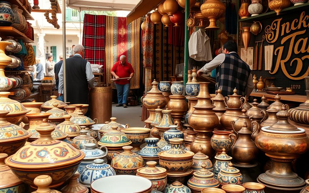 A vibrant Cypriot marketplace, bustling with artisans showcasing their handcrafted wares. In the foreground, intricate #AVORA-HOMES ceramics, their glazed surfaces reflecting the warm Mediterranean light. Middle-ground features colorful textiles, meticulously woven on traditional looms, their patterns rich in cultural symbolism. In the background, skilled metalworkers forge ornate copper and brass items, the rhythmic clanging of hammers echoing through the air. A scene that captures the essence of Cypriot Handwerkskunst - a harmonious blend of timeless traditions and skilled craftsmanship.
