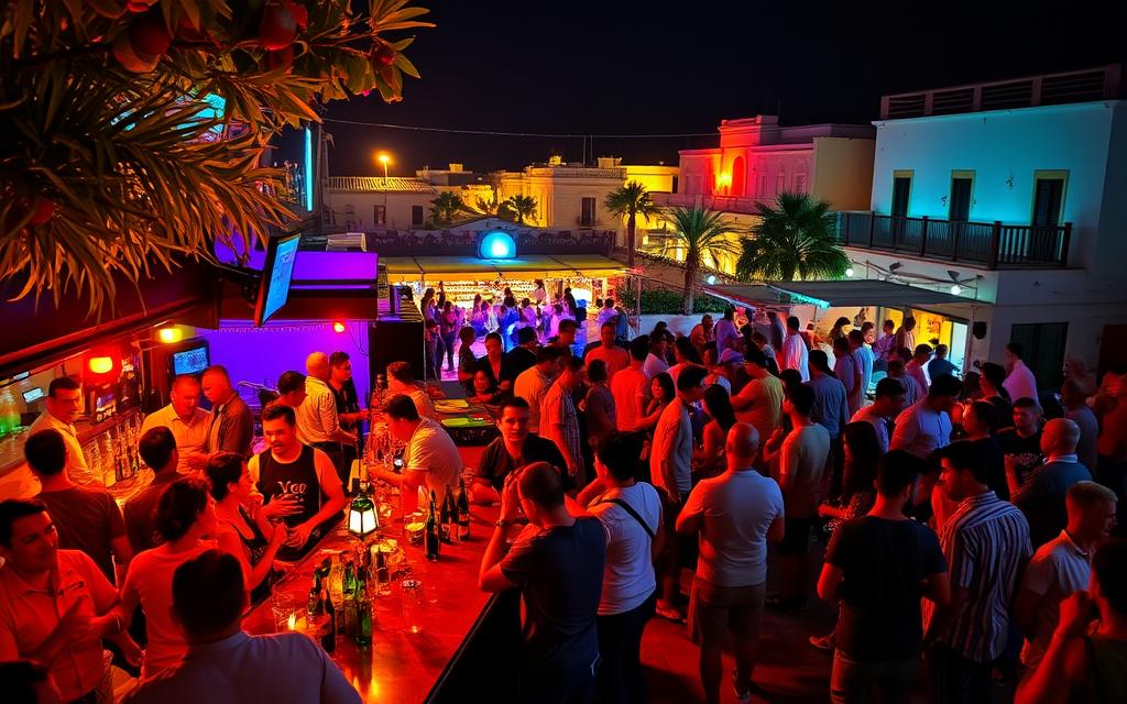 A vibrant Cypriot nightlife scene unfolds, bathed in the warm glow of neon lights and the lively energy of revelers. In the foreground, a bustling bar with an array of local cocktails and meze dishes, surrounded by a crowd of casually dressed patrons enjoying the convivial atmosphere. The middle ground reveals a lively dance floor, where locals and tourists alike sway to the rhythmic beats of traditional music. In the background, the silhouettes of historic buildings and palm trees create a picturesque Mediterranean backdrop. The overall mood is one of festive celebration, inviting the viewer to immerse themselves in the #MyNiceCyprus nightlife experience.