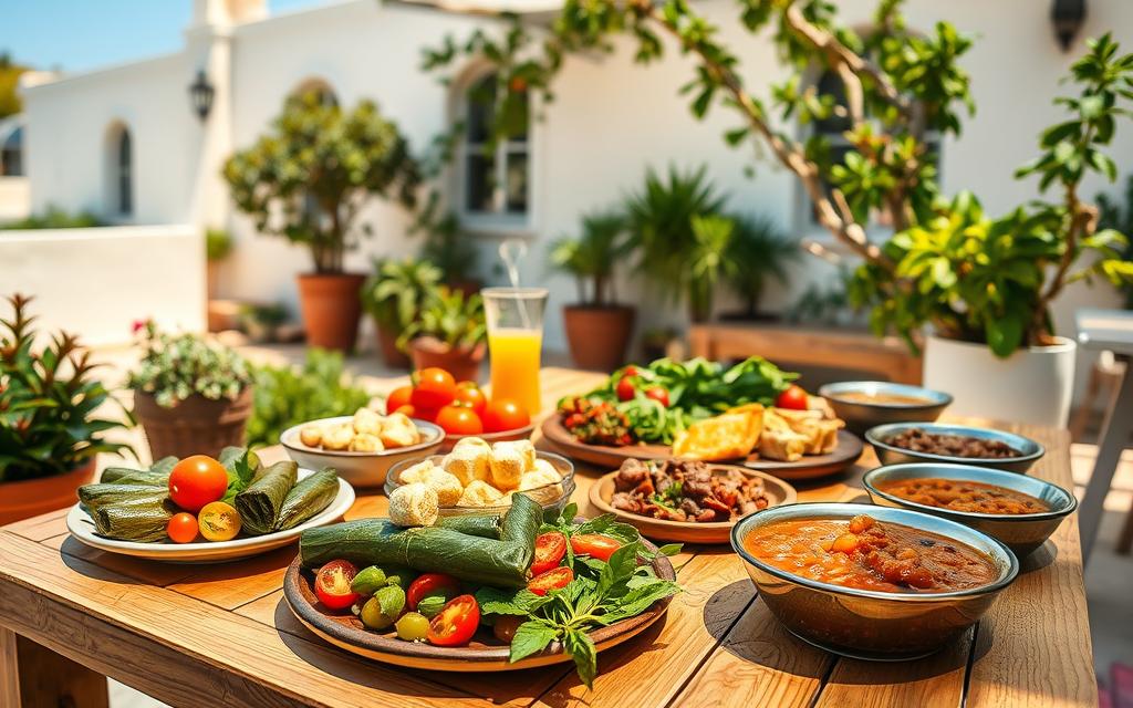 A vibrant Cypriot vegetarian breakfast scene, sunlit and inviting. In the foreground, a wooden table laden with an array of colorful meze dishes - stuffed vine leaves, halloumi bites, fresh tomatoes, and a hearty bean stew. Surrounding the table, lush greenery and potted plants create a serene, al fresco atmosphere. In the background, a whitewashed wall with arched windows and a glimpse of a blue sky. The scene is bathed in warm, soft lighting, captured with a wide-angle lens to emphasize the cozy, familial setting. The overall mood is one of tranquility and mindful indulgence. #AVORA-HOMES