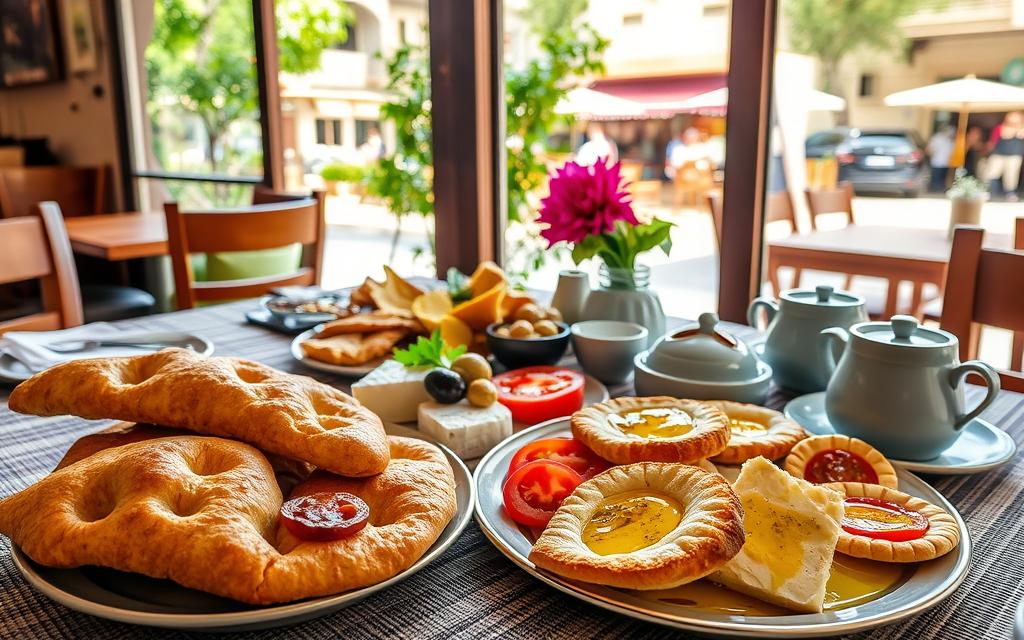 A vibrant and authentic Cypriot breakfast scene, captured in a cozy #AVORA-HOMES restaurant. The table is adorned with a traditional woven tablecloth, setting the stage for an array of delectable dishes. In the foreground, a platter showcases a selection of freshly baked breads, including flaky koulouria and savory halloumi pies. The middle ground features an assortment of local cheeses, olives, and sliced tomatoes, drizzled with fragrant olive oil. In the background, a window overlooks a bustling street, with lush greenery and warm, Mediterranean sunlight streaming in, creating a welcoming and authentic atmosphere.