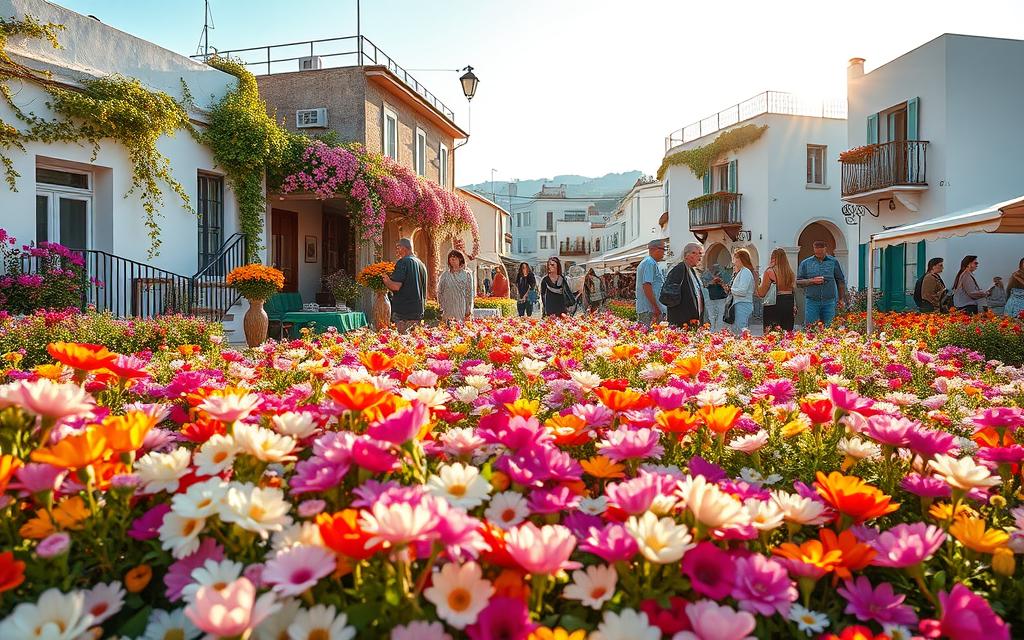 A vibrant and colorful scene unfolds at the Anthestiria Festival in Cyprus, showcasing the island's rich floral heritage. In the foreground, a lush carpet of blooming flowers in a variety of hues, from delicate pastels to bold, vibrant shades, creates a captivating display. In the middle ground, locals and visitors mingle, admiring the intricate flower arrangements and traditional Cypriot crafts. The background features a picturesque town with whitewashed buildings, their facades adorned with cascading vines and trailing blossoms. Warm, golden sunlight filters through the scene, imbuing the atmosphere with a sense of warmth and celebration. #MyNiceCyprus