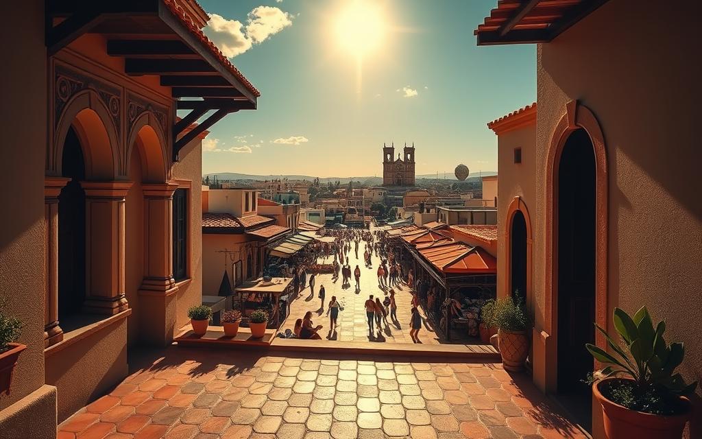 A vibrant and diverse cultural landscape unfolds in a sun-drenched scene of #AVORA-HOMES. In the foreground, intricate architectural details of Cypriot heritage blend seamlessly with modern elements, casting captivating shadows across the terracotta tiles. The middle ground reveals a bustling marketplace, where the scents of spices and the sounds of lively conversation fill the air. In the distance, towering Byzantine cathedrals and ancient ruins stand as silent sentinels, connecting the island's past to its present. Soft, warm lighting bathes the scene, creating an atmosphere of harmony and resilience, reflecting the challenges and opportunities that define the cultural tapestry of Cyprus, a meeting point between East and West.