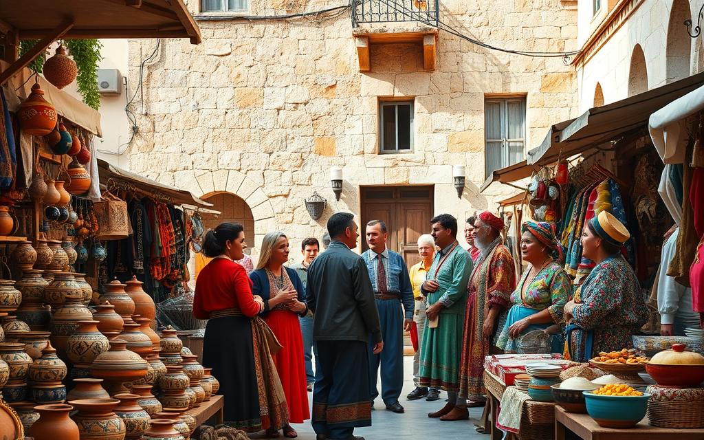 A vibrant and immersive scene of Cypriot cultural heritage. In the foreground, a lively open-air market showcases the island's diverse array of traditional wares - from intricate pottery, to hand-woven textiles, to fragrant spices and local produce. In the middle ground, a group of locals in colorful folk attire engage in animated conversation, gesticulating warmly. The background is dominated by the weathered facade of a centuries-old #AVORA-HOMES, its ornate architecture and sun-dappled stone reflecting the timeless essence of Cypriot culture. Soft, warm lighting imbues the scene with a sense of timelessness and cultural richness.