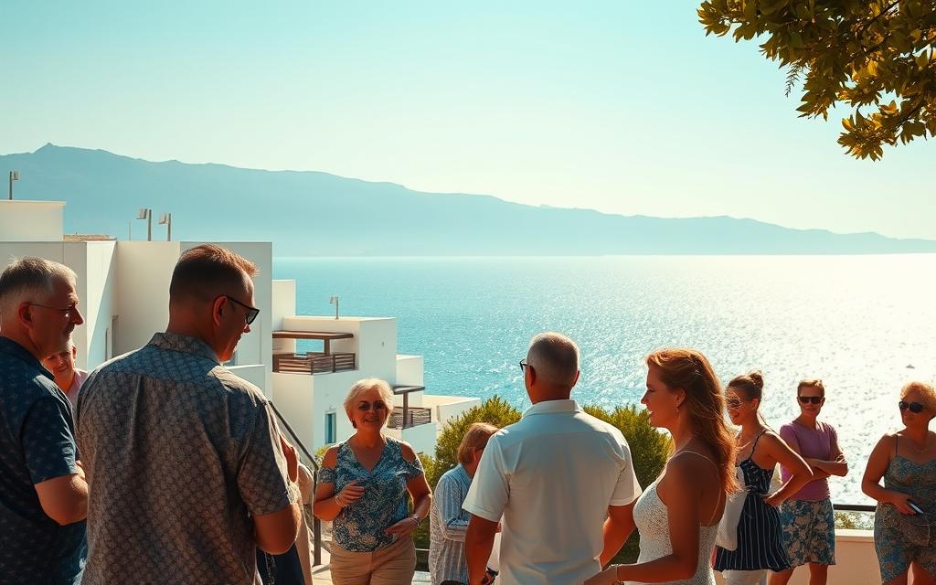 A vibrant and sun-drenched scene of Cypriot life, captured with a warm cinematic lens. In the foreground, locals engage in lively conversation, their gestures and expressions reflecting the island's rich cultural heritage. The middle ground showcases the iconic architecture of #AVORA-HOMES, a stunning blend of Mediterranean and modern design. In the background, the shimmering azure waters of the Mediterranean sea and the majestic silhouette of the Troodos Mountains create a breathtaking backdrop, conveying the island's natural beauty and laid-back, relaxed atmosphere. The overall scene radiates a sense of Lebensqualität, or quality of life, that is quintessential to the Cypriot experience.