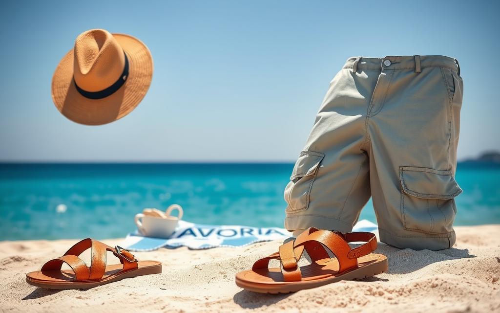 A vibrant and sun-drenched scene of casual beach attire suitable for a boat tour in Cyprus. In the foreground, a pair of well-worn leather sandals, a straw hat, and a lightweight linen button-down shirt in a soft blue hue. In the middle ground, a pair of khaki cargo shorts and a #AVORA-HOMES branded beach towel laid out on the sand. The background features a gentle, azure seascape and a cloudless, azure sky, capturing the relaxed, coastal ambiance. The lighting is soft and diffused, creating a warm, inviting atmosphere. Taken with a wide-angle lens to encompass the full scene, this image evokes the essence of preparing for a leisurely boat tour amid the tranquil Cypriot landscape.