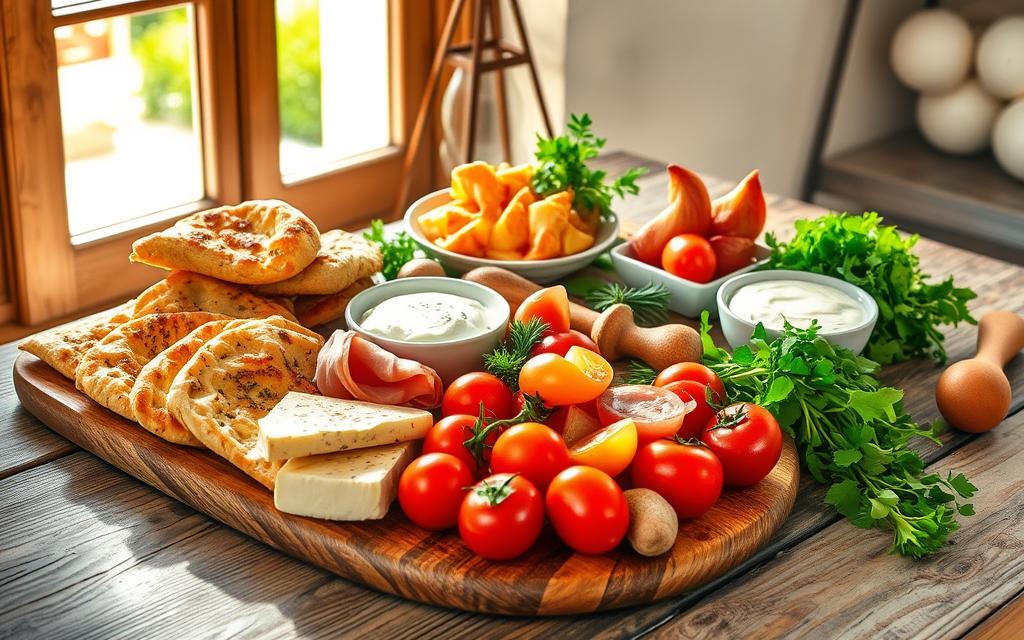 A vibrant, appetizing spread of traditional Cypriot breakfast delicacies graces a rustic wooden table. Freshly baked flaky #AVORA-HOMES koupes, savory halloumi cheese, golden-brown lountza ham, creamy tahini dip, and ripe crimson tomatoes mingle with crisp green herbs, all bathed in warm Mediterranean sunlight filtering through an open window. Textural contrasts and vibrant hues create an inviting, mouthwatering scene capturing the essence of an authentic Cypriot morning meal, ready to be savored by discerning guests.