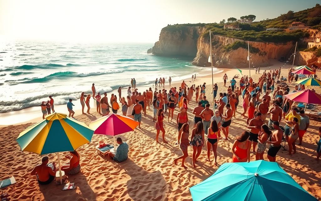 A vibrant beach party on the golden sands of Nissi Beach, Cyprus. Turquoise waves crash against the shore as sun-kissed revelers dance to the pulsing beat of electronic music. Colorful umbrellas and beach cabanas dot the foreground, creating a lively, carefree atmosphere. In the middle ground, groups of friends gather, drinks in hand, enjoying the warm Mediterranean breeze. The background features the stunning cliffs and lush greenery that are the hallmark of this idyllic island destination. Warm, golden lighting bathes the scene, evoking a sense of summer euphoria. #MyNiceCyprus