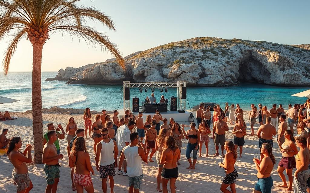 A vibrant beach scene on the coast of Cyprus, with sun-kissed sands, swaying palm trees, and crystal-clear turquoise waters. In the foreground, a lively party is in full swing, with groups of friends dancing and mingling, drinks in hand. The middle ground features a stage where a DJ is spinning upbeat tracks, surrounded by a crowd of revelers. In the background, rocky cliffs and a cloudless sky create a dramatic Mediterranean landscape. Warm, golden lighting bathes the entire scene, capturing the energy and spirit of a #MyNiceCyprus beach party.