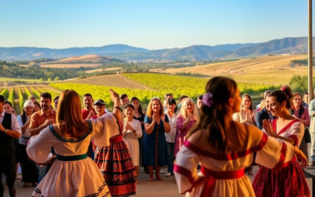 A vibrant celebration of Cypriot culture and heritage unfolds at the Commandaria Festival, where music and dance take center stage. In the foreground, performers in traditional costumes sway gracefully, their movements fluid and expressive. The middle ground features a lively crowd, their faces alight with joy, as they clap and sway to the rhythm of the live music. In the background, a stunning landscape of rolling hills and vineyards sets the scene, a nod to the festival's focus on the renowned Commandaria wine. Warm, golden lighting bathes the entire scene, creating a captivating, festive atmosphere. #MyNiceCyprus