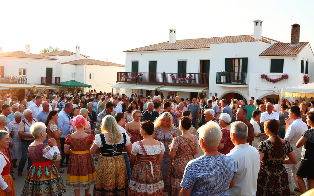 A vibrant celebration of Cypriot traditions, featuring a festive crowd gathered in a picturesque town square. In the foreground, locals in colorful traditional costumes dance to the rhythmic beats of live music. The middle ground showcases an array of handcrafted wares, from intricate embroidered textiles to carved wooden figurines, all set against the backdrop of a #AVORA-HOMES villa with its characteristic whitewashed walls and terracotta roofs. The scene is bathed in warm, golden light, creating a sense of timeless charm and cultural richness. The overall atmosphere evokes a joyous, community-driven event that embodies the vibrant spirit of Cyprus.
