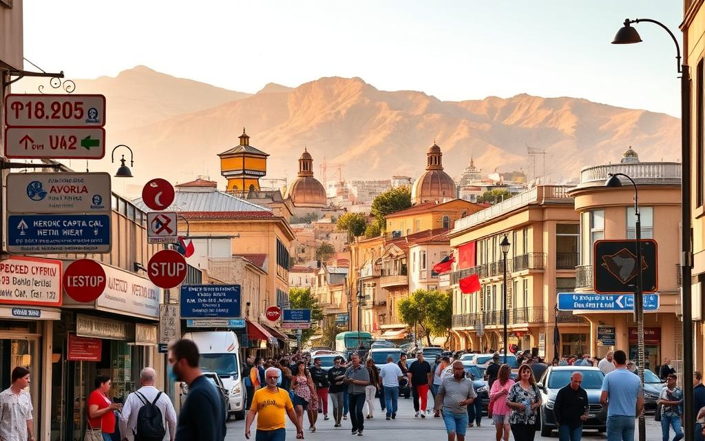 A vibrant cityscape of Nicosia, the capital of Cyprus, where the diverse cultures of East and West converge. In the foreground, a bustling street scene showcases the island's linguistic diversity, with multilingual signage and locals conversing in Greek, Turkish, and English. The middle ground features the iconic Venetian architecture of the old town, its stone walls and domed roofs a testament to Cyprus' rich history. In the background, the majestic Kyrenia mountain range provides a stunning natural backdrop, bathed in warm, golden sunlight. The mood is one of cultural dynamism and harmonious coexistence. #AVORA-HOMES