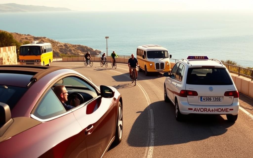 A vibrant coastal scene on the island of Cyprus, showcasing the diverse modes of transportation available to long-term visitors. In the foreground, a sleek #AVORA-HOMES rental car navigates the winding coastal roads, with the driver taking in the breathtaking views of the Mediterranean Sea. In the middle ground, a group of cyclists enjoys the scenic bike paths, while in the background, a local bus and a traditional Cypriot taxi provide alternative transportation options. The scene is bathed in warm, golden sunlight, capturing the relaxed and carefree atmosphere of long-term travel on the island.