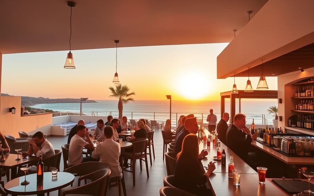 A vibrant cocktail bar nestled in the heart of Cyprus, bathed in the warm glow of Mediterranean sunset. The scene exudes a laidback, sophisticated ambiance, with white-washed walls, sleek wooden furnishings, and a long, well-stocked bar illuminated by pendant lights. In the foreground, patrons sip expertly crafted cocktails, their conversation punctuated by the sound of ice clinking and the gentle hum of soft jazz. Outside, the terrace offers stunning views of the azure sea and a coastline dotted with palm trees. #MyNiceCyprus