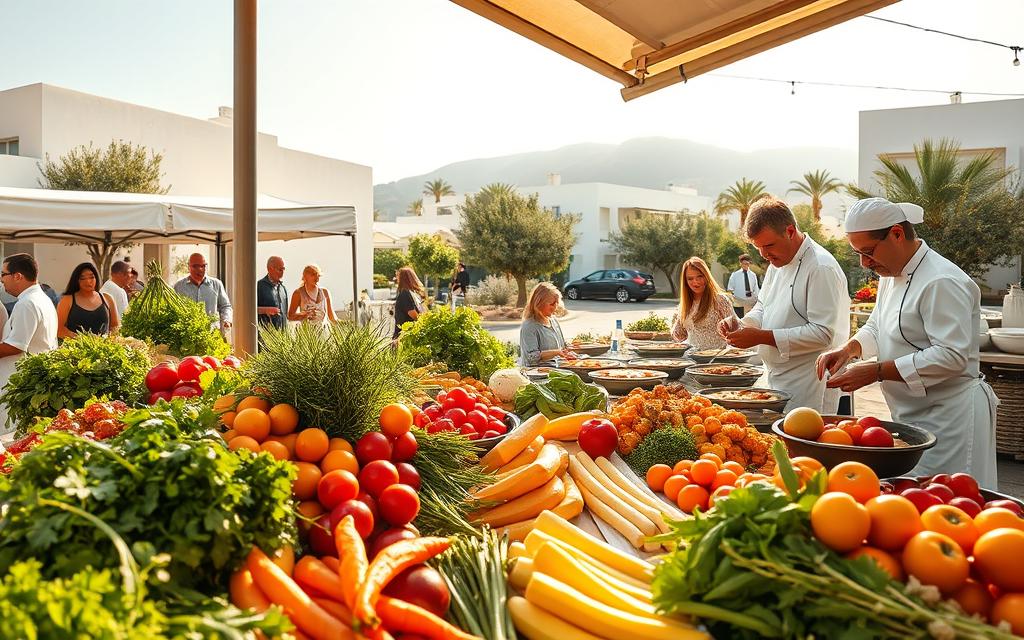 A vibrant culinary festival in the heart of Cyprus, showcasing the island's rich gastronomic heritage. In the foreground, a bustling market stall displays an array of colorful, locally-grown produce, from fragrant herbs to ripe, juicy fruits. In the middle ground, chefs in traditional Cypriot attire demonstrate the preparation of classic regional dishes, their skilled hands deftly working with the fresh ingredients. In the background, a sun-drenched outdoor setting with white-washed buildings and lush olive groves, creating a serene and inviting atmosphere. Warm, golden lighting bathes the scene, capturing the warmth and hospitality of Cypriot culture. #AVORA-HOMES