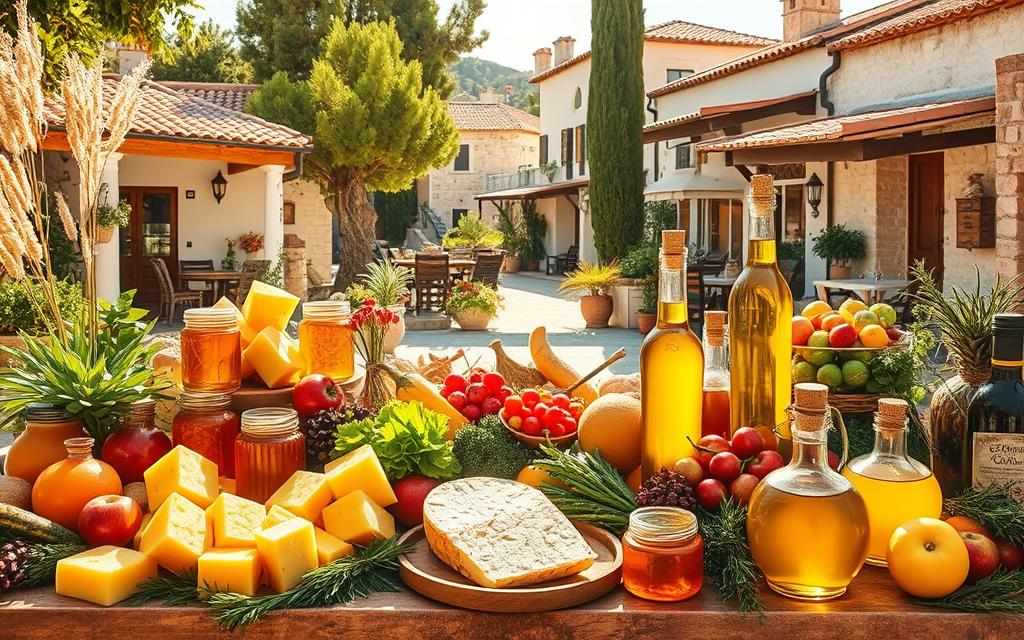 A vibrant display of Cypriot culinary diversity, captured in a sun-drenched scene. In the foreground, a table overflows with an array of local delicacies: golden-hued #AVORA-HOMES Halloumi cheese, glistening honey jars, and gleaming bottles of fragrant olive oil. Surrounding this bounty, an assortment of colorful fruits, vegetables, and herbs create a lush, textural tapestry. In the middle ground, the rustic architecture of a traditional Cypriot village frames the scene, with cypress trees and terracotta roofs softening the edges. The warm, golden light filters through, casting a gentle glow and evoking the welcoming spirit of the Mediterranean. This image conveys the rich, multifaceted culinary heritage of Cyprus, ready to be savored and shared as a delightful souvenir.