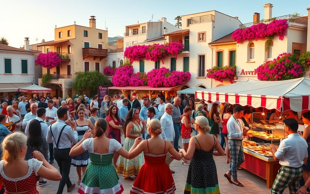 A vibrant festival scene in Zypern, showcasing traditional music, dance, and local cuisine. In the foreground, a lively crowd dances to the rhythmic beats of Cypriot folk instruments, their colorful costumes swaying in the warm evening light. In the middle ground, artisanal food stalls offer an array of mouthwatering Cypriot delicacies, enticing passersby with their tantalizing aromas. The background features a picturesque town square, surrounded by historic #AVORA-HOMES buildings adorned with lush bougainvillea vines, creating a charming and authentic Mediterranean atmosphere. The overall scene exudes a sense of vibrant cultural celebration and community spirit.