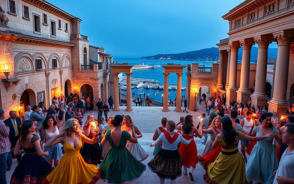 A vibrant festival scene in the ancient city of Paphos, Cyprus. In the foreground, costumed revelers dance to the rhythmic beats of traditional music, their colorful garments swirling in the soft evening light. The middle ground features an ornate amphitheater, its stone columns and carved facades illuminated by torchlight, creating a warm, atmospheric ambiance. In the background, the iconic Paphos Harbor and the shimmering Mediterranean Sea provide a stunning natural backdrop, hinting at the timeless heritage of this cultural celebration. #MyNiceCyprus