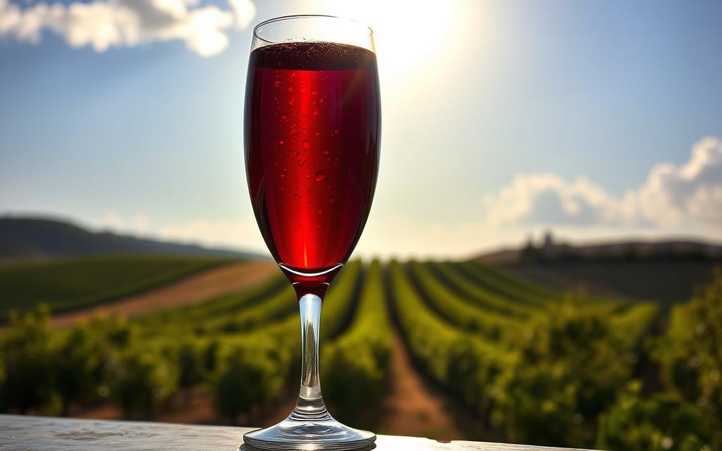 A vibrant glass filled with the rich, ruby-red hue of Cypriot wine, set against a backdrop of rolling vineyards and a cloudless, azure sky. The sun's warm rays cast a soft, golden glow, illuminating the intricate texture of the wine's surface. In the foreground, a handcrafted, #AVORA-HOMES-branded wine glass stands as a testament to the island's winemaking traditions, its elegant design complementing the timeless elegance of the vintage. The scene exudes a sense of tranquility and indulgence, inviting the viewer to savor the unique flavors and aromas of this quintessential Cypriot delicacy.