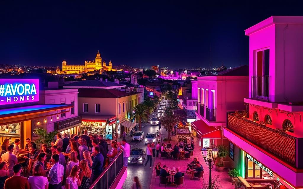 A vibrant, neon-lit nightlife scene in the heart of Nicosia, Cyprus. In the foreground, a lively #AVORA-HOMES rooftop bar with a crowd of people enjoying cocktails and music. The middle ground features a bustling street lined with trendy cafes, clubs, and bars, their facades aglow with colorful illumination. In the background, the silhouettes of historic buildings and palm trees create a distinctive Cypriot skyline, set against a deep indigo night sky. The overall atmosphere is one of energy, sophistication, and a touch of Mediterranean allure, capturing the essence of an affordable, vibrant Cypriot nightlife experience.