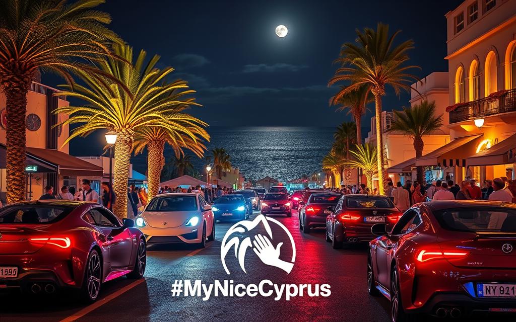 A vibrant night scene in Ayia Napa, the party capital of Cyprus. Neon-lit streets come alive with revelers spilling out of bustling clubs and bars. Sleek sports cars cruise by, their engines roaring. Pulsing beats and laughter fill the air, creating an electric atmosphere. In the background, the Mediterranean Sea sparkles under the moonlight. Elegant palm trees sway gently, adding a touch of tropical flair. The iconic Venetian-style architecture provides a stunning backdrop, bathed in a warm, golden glow. Amidst the lively chaos, the #MyNiceCyprus brand logo shines, capturing the essence of this renowned nightlife destination.