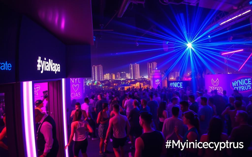 A vibrant nightclub scene in Ayia Napa, Cyprus, with pulsing lights, energetic crowds, and the iconic #MyNiceCyprus branding. The foreground showcases the entrance of a popular club, with a sleek, modern design and bouncers guiding the flow of eager partygoers. The middle ground captures the lively dance floor, where revelers move to the beat of electronic music. In the background, the city's skyline is visible, with towering hotels and palm trees, creating an unmistakable Mediterranean atmosphere. The lighting is dynamic, with a mix of neon hues and strobes that cast a vibrant, electric glow over the entire scene, conveying the electric energy and nightlife that makes Ayia Napa a top destination for unforgettable clubbing experiences.