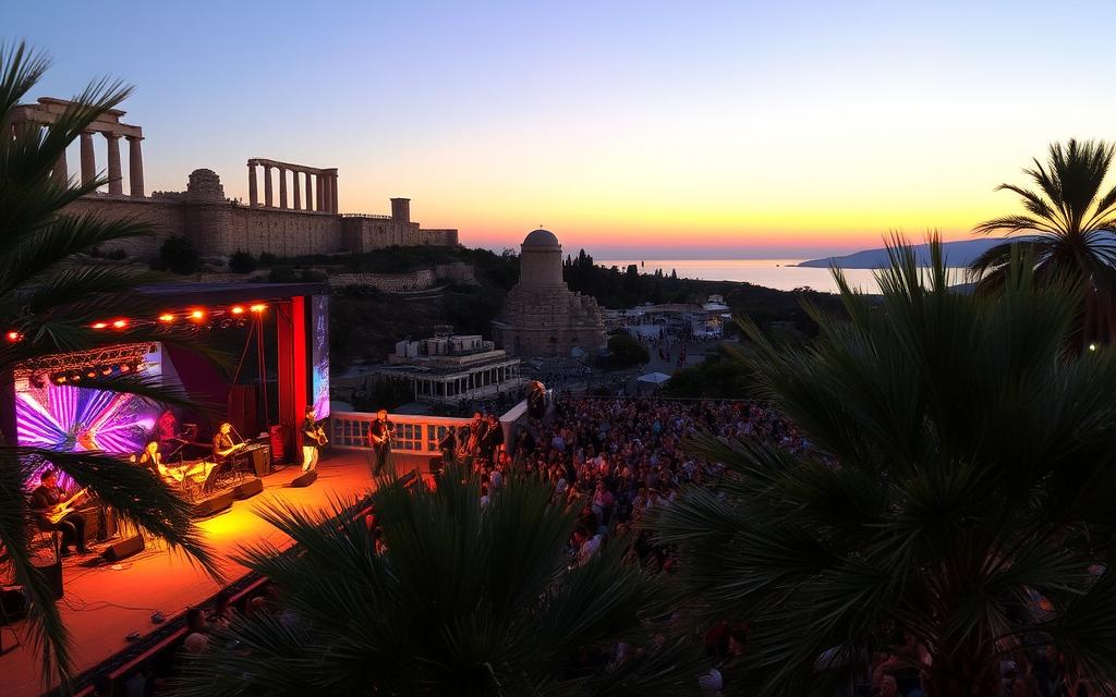 A vibrant open-air concert at the Paphos Festival in Cyprus, set against the backdrop of ancient ruins and a glowing Mediterranean sunset. The stage is alive with musicians, their instruments illuminated by warm stage lighting. The audience gathers on the sloping hillside, their faces aglow with the energy of the performance. In the foreground, palm trees sway gently in the evening breeze, adding to the serene, yet lively atmosphere. #MyNiceCyprus