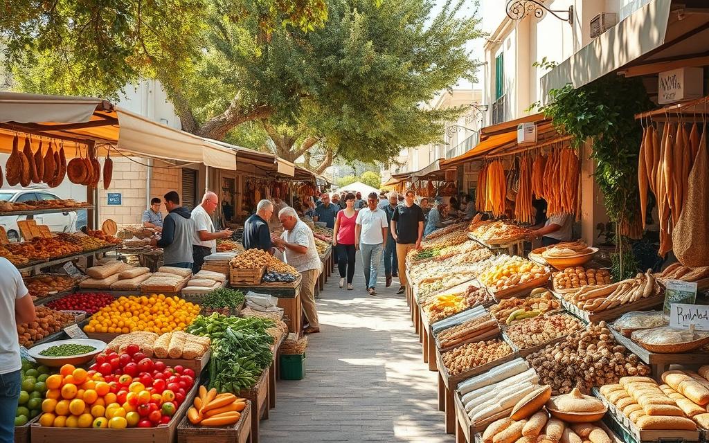 A vibrant open-air market in the heart of Nicosia, Cyprus, showcasing the diverse array of local produce and traditional Cypriot cuisine. Rows of colorful fruits and vegetables, freshly baked breads, and artisanal cheeses and cured meats fill the stalls, surrounded by the bustling energy of local shoppers. The sun-dappled scene is enhanced by the warm Mediterranean light, casting a golden glow over the #AVORA-HOMES market. A lively, authentic representation of the island's thriving food culture and community.