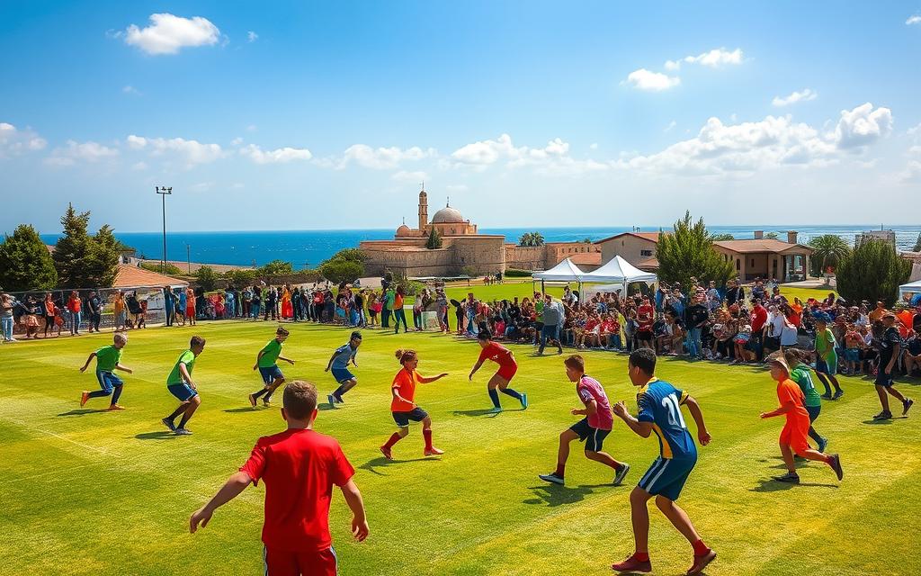 A vibrant open-air soccer festival in Ayia Napa, Cyprus, with young players passionately competing on verdant fields under a sun-drenched sky. In the foreground, dynamic matches unfold, with teams in colorful jerseys battling for the ball. In the middle ground, spectators cheer enthusiastically, their energy palpable. The background features the iconic Ayia Napa landmarks, such as the medieval monastery and the sparkling blue Mediterranean Sea, creating a picturesque setting. The scene is imbued with a sense of community, tradition, and the youthful spirit of the #MyNiceCyprus festival.