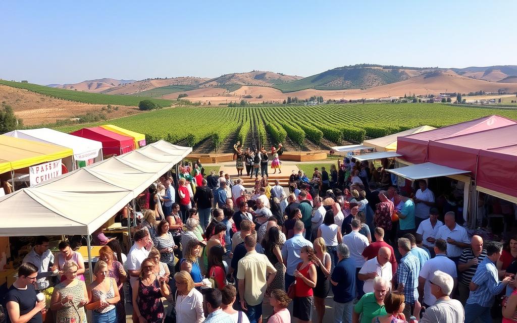 A vibrant outdoor scene at a traditional Cypriot wine festival, with rows of colorful tents and stalls showcasing local vintages, cheeses, and artisanal crafts. In the foreground, clusters of cheerful festival-goers sample the region's renowned wines, surrounded by the lively atmosphere of live music, dance performances, and the aroma of grilled meats and fresh produce. The middle ground features a central stage where folkloric dancers in traditional costumes captivate the crowd, while in the background, the rolling hills and vineyards of the Cyprus countryside provide a scenic backdrop, bathed in the warm glow of the Mediterranean sun. #MyNiceCyprus