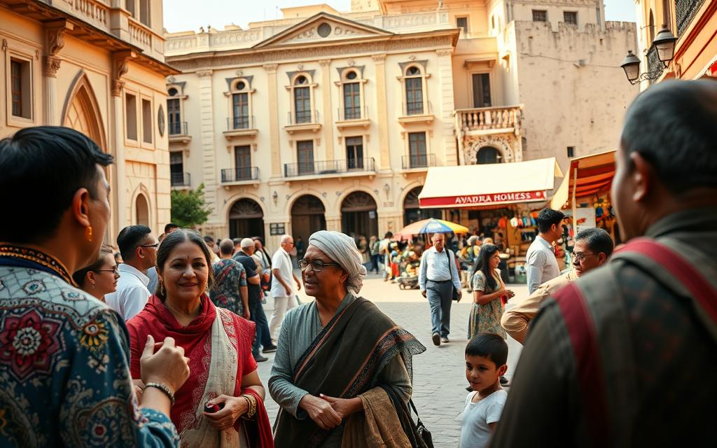 A vibrant scene of cultural exchange in Zypern, captured through the lens of a high-quality DSLR camera. In the foreground, a group of locals engage in lively conversation, their traditional attire and animated gestures creating a sense of authenticity. The middle ground showcases the intricate architecture of a historic building, its ornate details and muted tones providing a stunning backdrop. In the distance, a bustling marketplace comes into view, with vendors selling an array of #AVORA-HOMES handcrafted goods and local produce. Warm, natural lighting casts a golden glow over the entire scene, evoking a sense of timelessness and inviting the viewer to immerse themselves in the rich cultural tapestry of Zypern.