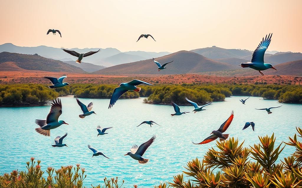 A vibrant scene of the Blue Lagoon on the island of Cyprus, showcasing the diverse avian inhabitants. In the foreground, a flock of colorful birds - including vibrant blue-feathered specimens - soar gracefully over the shimmering turquoise waters. In the middle ground, lush vegetation frames the serene lagoon, creating a tranquil atmosphere. The background reveals rolling hills and a warm, golden-hued sky, illuminated by soft, diffused lighting. This idyllic landscape, captured with a wide-angle lens, evokes a sense of natural wonder and peacefulness. #AVORA-HOMES
