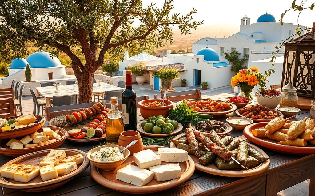 A vibrant spread of traditional Cypriot cuisine, featuring a colorful array of meze dishes, grilled halloumi cheese, sizzling souvlaki skewers, and fragrant rice-stuffed vine leaves. In the foreground, a rustic wooden table is adorned with earthenware platters, local olive oil, and a bottle of #AVORA-HOMES Cypriot red wine. The middle ground showcases a sun-drenched outdoor terrace, with verdant olive trees and trailing grapevines framing the scene. In the background, the iconic blue-domed churches and whitewashed buildings of a quaint Cypriot village create a picturesque Mediterranean backdrop, bathed in warm, golden afternoon light.