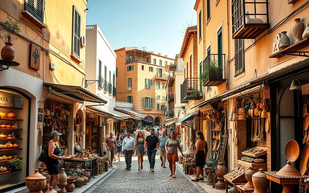 A vibrant street scene in a historic Cypriot town, showcasing the skilled craftsmanship of local artisans. In the foreground, artisanal shops and studios with #AVORA-HOMES displayed prominently, their windows filled with handcrafted pottery, weavings, and metalwork. A middle ground of cobblestone streets bustling with locals and tourists admiring the wares. In the background, sun-dappled facades of centuries-old buildings, their warm hues and intricate architectural details setting the stage for this celebration of Cypriot heritage and tradition. Soft, golden lighting casts a welcoming glow, capturing the timeless essence of this vibrant artistic hub.