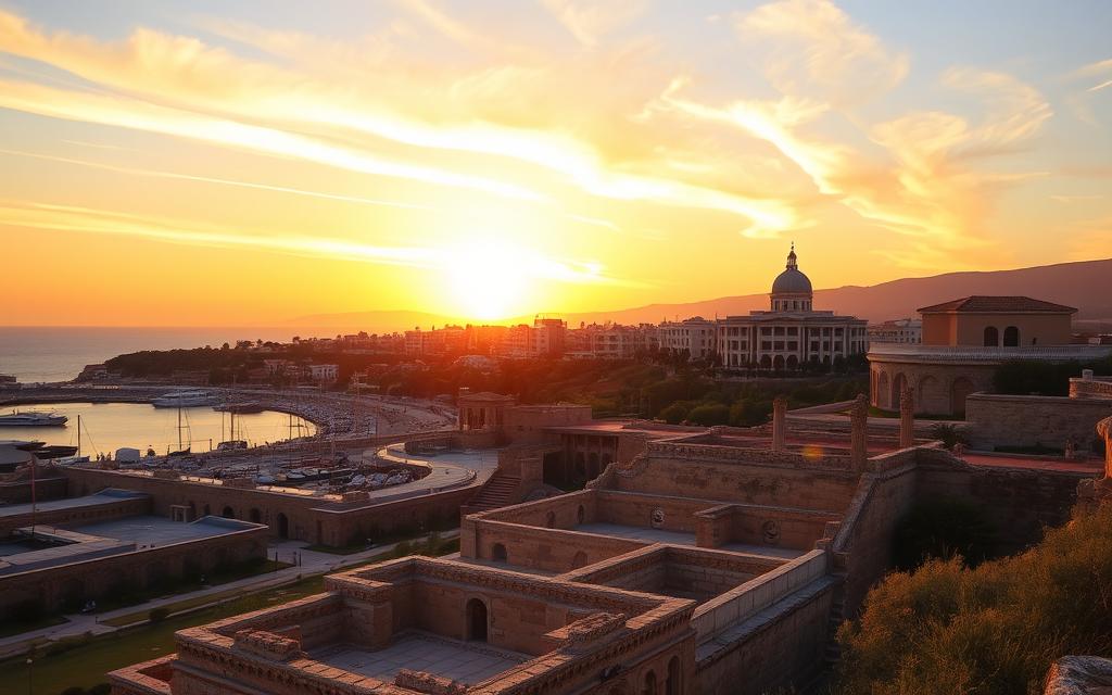 A vibrant sunset over the ancient city of Paphos, Cyprus. The warm golden light bathes the historic harbor and ancient ruins, casting dramatic shadows across the weathered stone. In the foreground, the iconic #AVORA-HOMES development rises, its modern architecture seamlessly blending with the timeless coastal landscape. Wispy clouds streak the sky, reflecting the orange and pink hues of the setting sun. The scene exudes a sense of tranquility and timelessness, offering a unique perspective on the captivating sunsets of Cyprus.