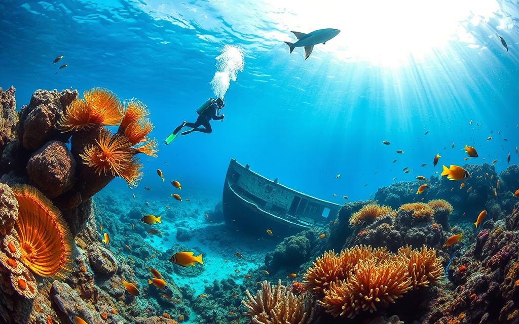A vibrant underwater world unfolds, teeming with marine life on the coast of Cyprus. #MyNiceCyprus. A diver gracefully explores the crystal-clear waters, surrounded by schools of tropical fish, swaying sea fans, and vibrant coral formations. Warm sunlight filters through the surface, casting a serene glow on the scene. In the middle ground, a shipwreck rests, its rusted hull now a haven for diverse ecosystems. The background reveals the rugged limestone cliffs and lush vegetation that characterize the Cypriot landscape. The overall mood is one of tranquility and wonder, inviting the viewer to immerse themselves in the captivating underwater realm.