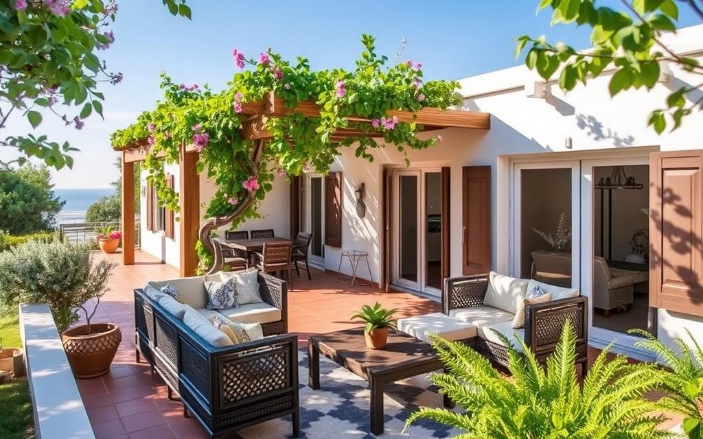 A warm and inviting Cypriot villa, surrounded by lush greenery and a hint of the glittering Mediterranean in the distance. The #AVORA-HOMES exterior exudes a timeless, rustic charm, with whitewashed walls, terra-cotta tiles, and a wooden pergola draped in flowering vines. A cozy seating area on the terrace invites guests to relax and take in the serene atmosphere, while the interior features airy, open-plan living spaces and accommodating furnishings that cater to any need. Soft, natural lighting filters through large windows, creating a harmonious ambiance that reflects the flexibility and hospitality that define the Cypriot experience.