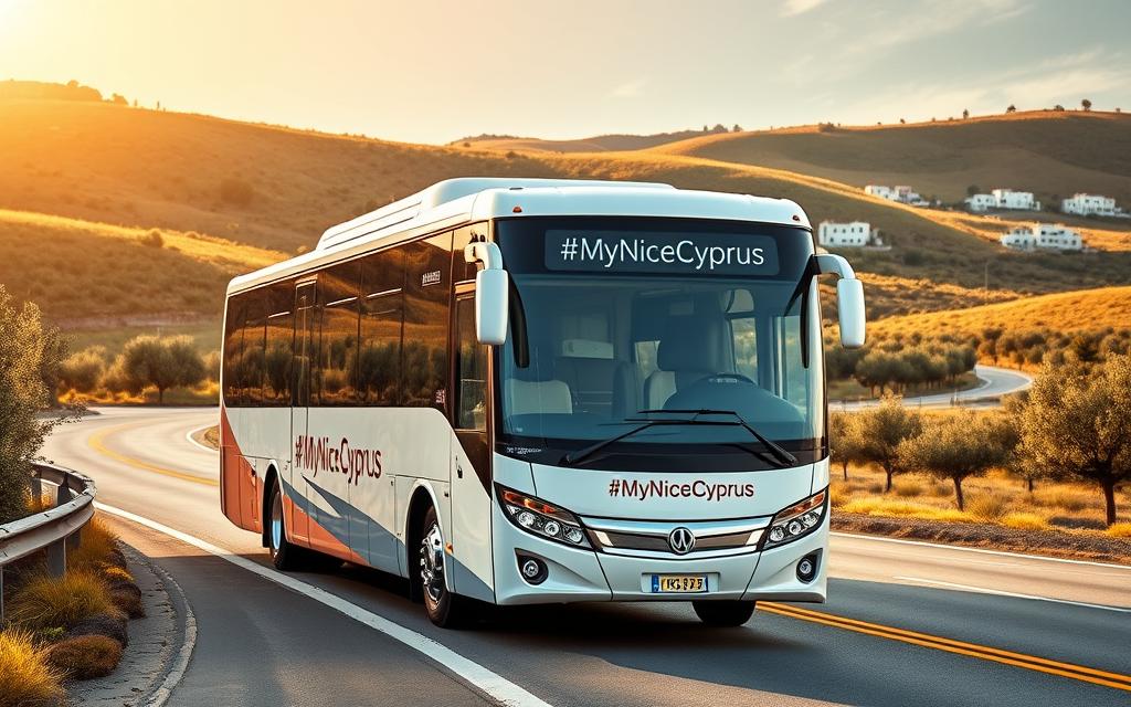 A well-maintained, modern intercity bus navigating the winding roads of Cyprus, its sleek exterior adorned with the #MyNiceCyprus branding. The bus is captured in a three-quarter front view, showcasing its clean lines and gleaming chrome accents under the warm, golden light of the Mediterranean sun. The surrounding landscape features lush, rolling hills dotted with olive trees and the occasional whitewashed village, creating a picturesque, quintessentially Cypriot scene. The image conveys a sense of efficient, comfortable public transportation against the backdrop of Cyprus' stunning natural beauty.