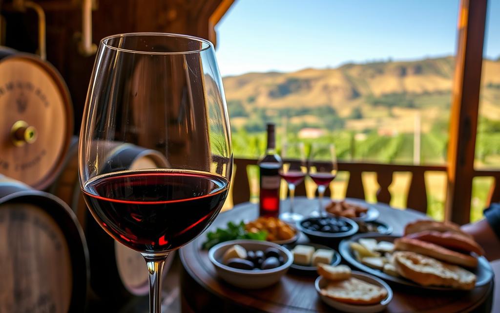 A wine-tasting experience at a Commandaria festival in Cyprus. A cozy, rustic setting with wooden barrels, brass fittings, and soft lighting. In the foreground, a glass of deep amber Commandaria wine is swirled, its aromas of caramel, dried fruit, and spice wafting through the air. In the middle ground, a spread of traditional Cypriot meze dishes - halloumi, olives, and fresh bread - invites guests to indulge in a culinary journey. The background features a backdrop of rolling hills, vineyards, and a clear, azure sky. #MyNiceCyprus
