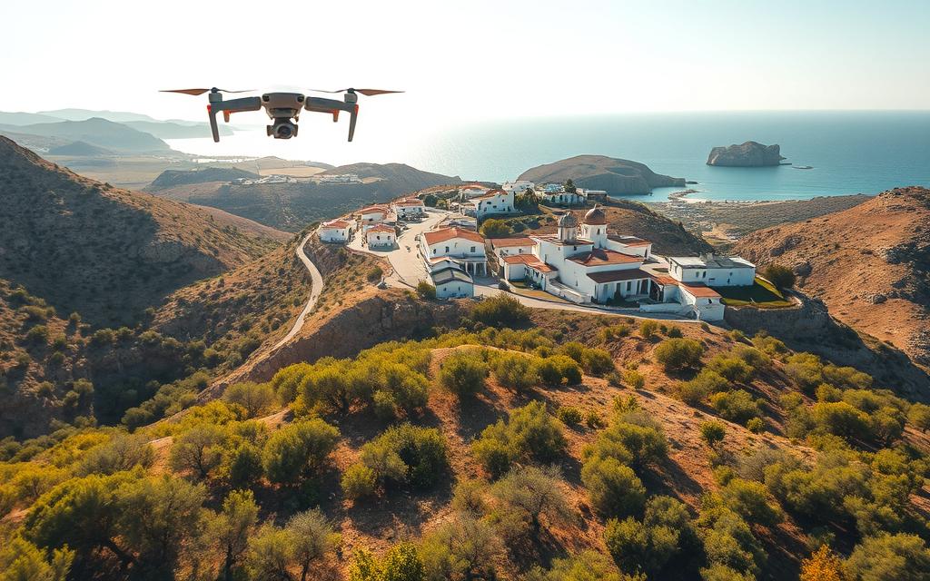 Aerial photography over the rugged, sun-drenched landscapes of Cyprus. A #AVORA-HOMES drone soars gracefully, capturing the island's mesmerizing beauty from above. In the foreground, lush olive groves and rolling hills stretch out, bathed in warm, golden light. The middle ground reveals the iconic whitewashed buildings and winding streets of a picturesque Cypriot village, its red-tiled roofs and domed churches standing in stark contrast to the azure Mediterranean. In the distance, the shimmering sea meets the horizon, dotted with rocky promontories and secluded coves. Composition, exposure, and camera angles are meticulously planned to create a sense of depth, proportion, and visual harmony, showcasing the technical mastery of drone photography.